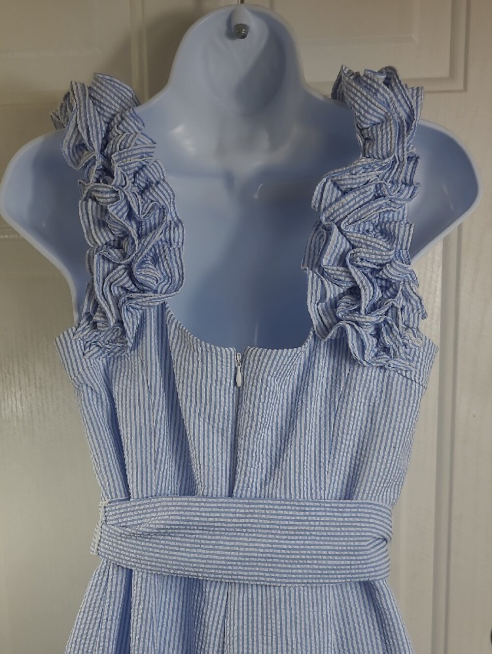 Eliza J Light Blue Ruffle-Strap Seersucker Jumpsuit with Waist Tie - Picture 8 of 15